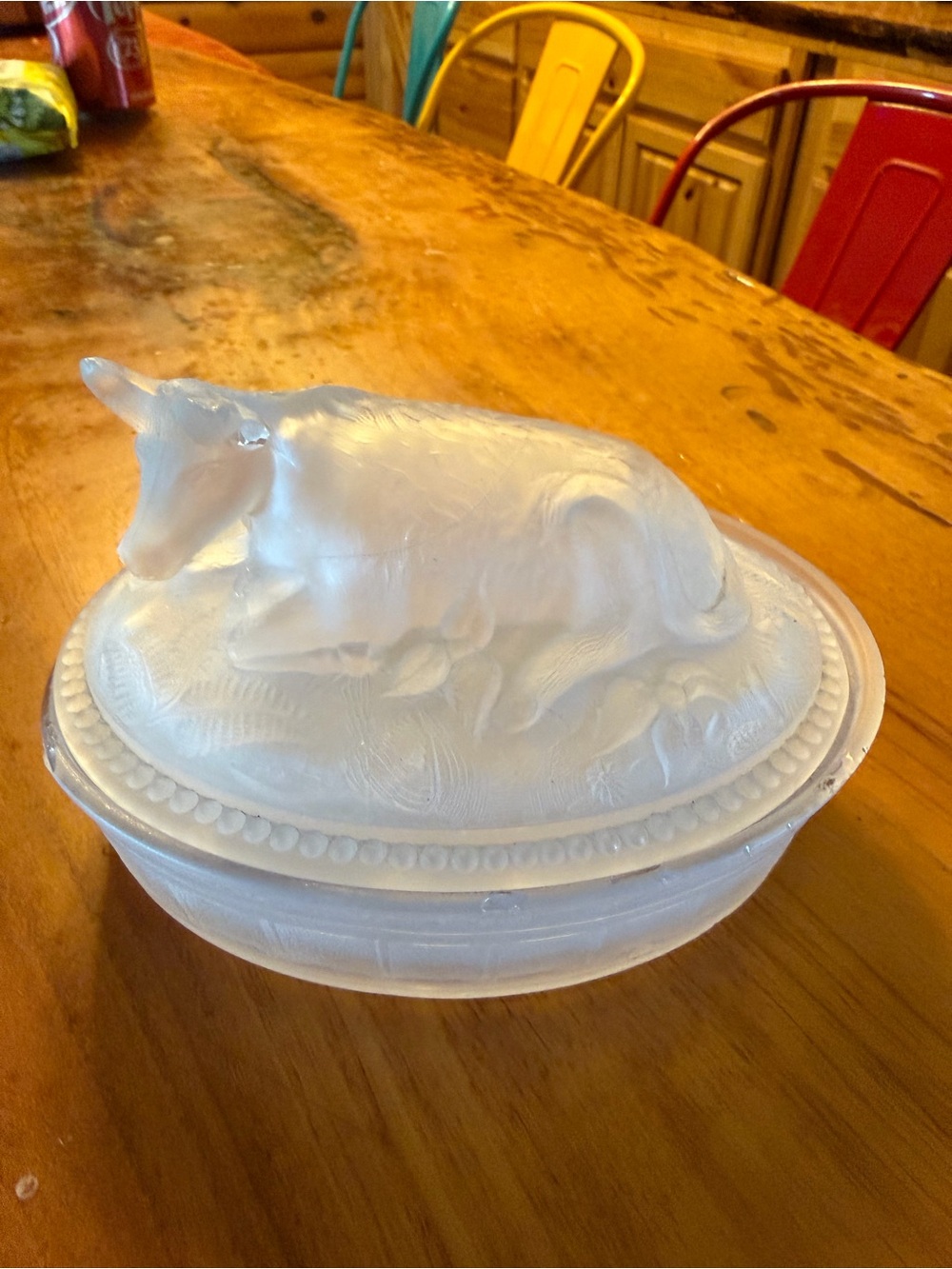 Frosted Glass Cow Dish - RIM ON THE BOTTOM BROKEN ONE HORN BROKEN